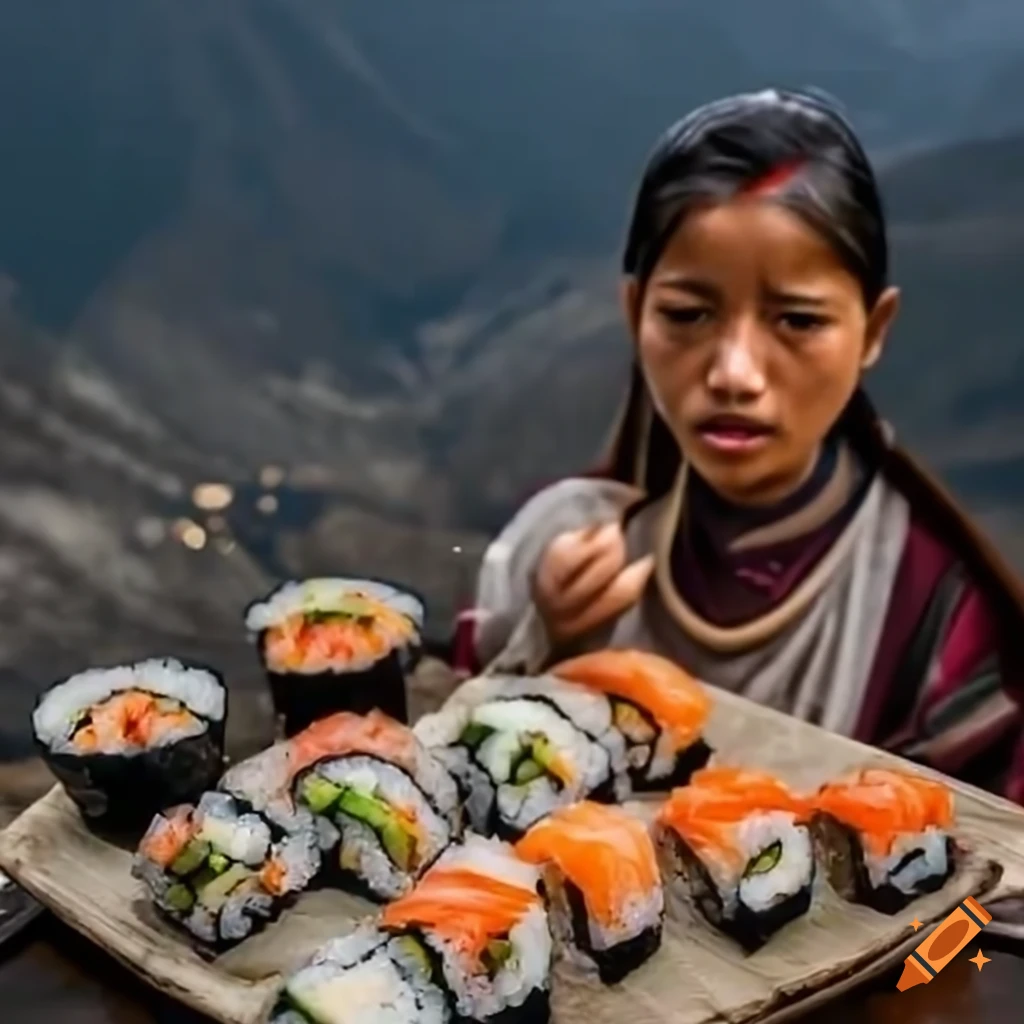 illustration of a Nepali eating sushi on Mount Everest