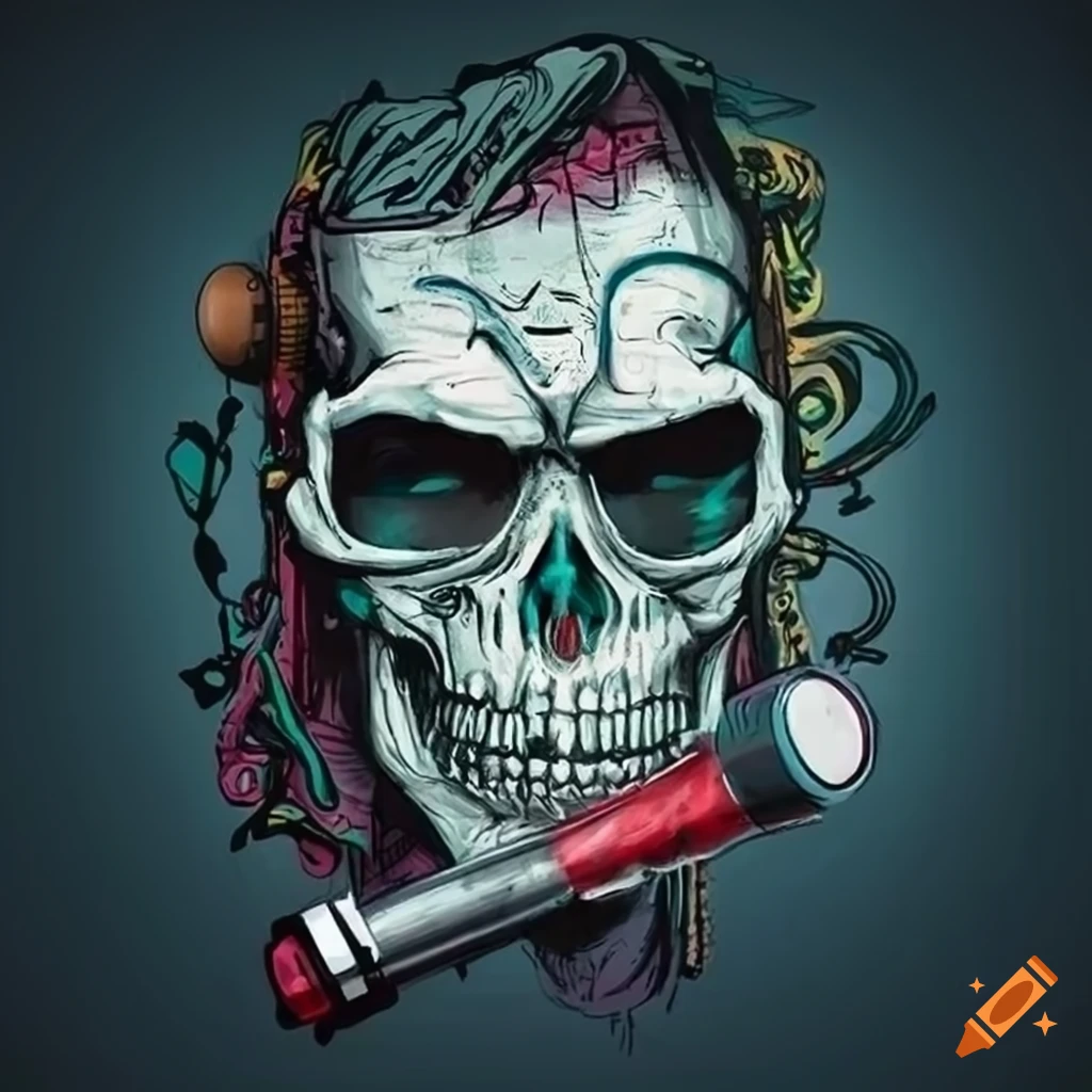 Graffiti-style skull rapper with microphone on Craiyon