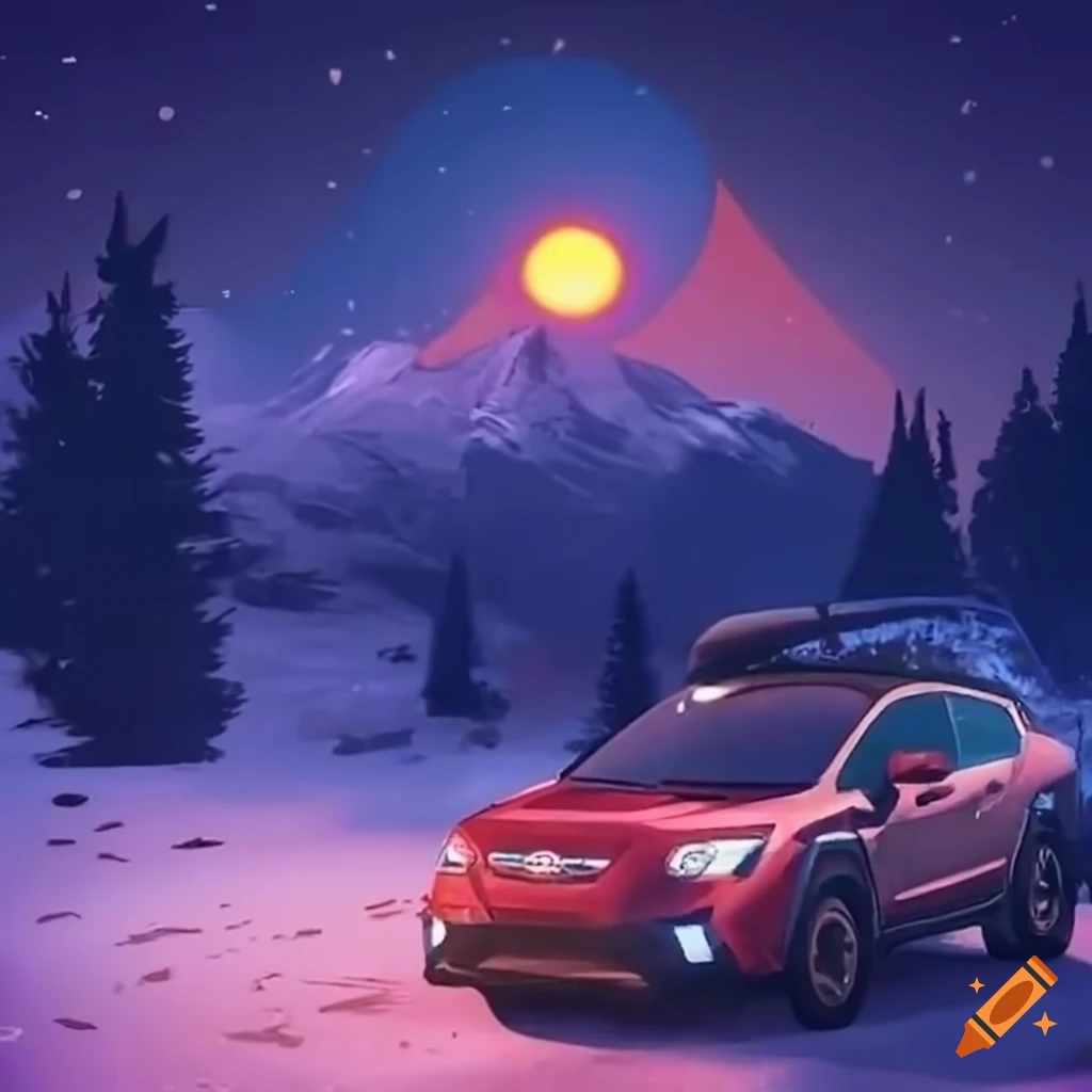 Lofi girl driving a Subaru Crosstrek in the snow