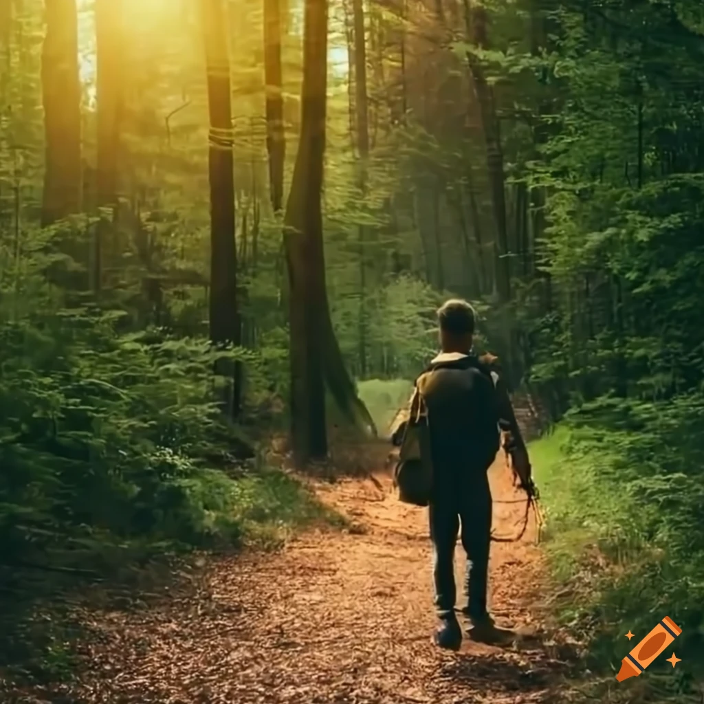 Man hiking in the woods with a backpack