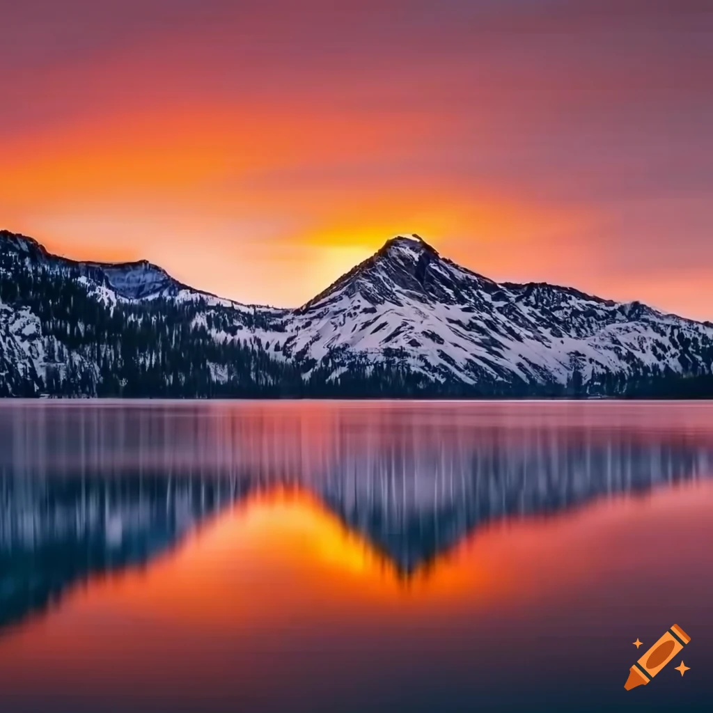 sunset behind a snowy mountain reflected in a tranquil lake