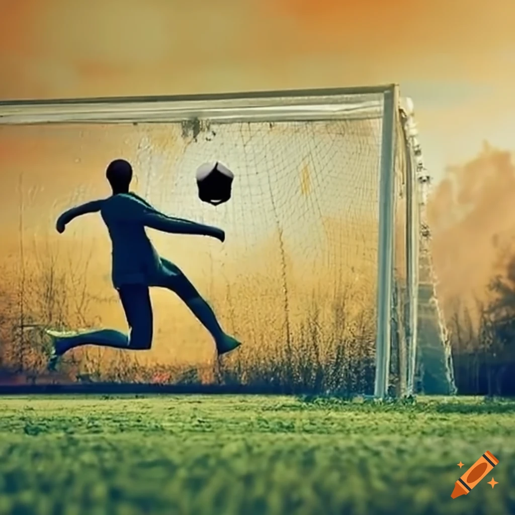 soccer player shooting and hitting the goal post