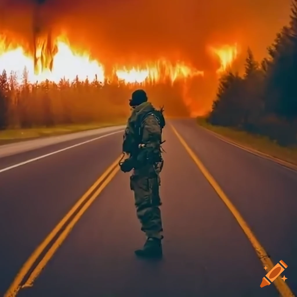 man in tactical clothes on a highway with distant wildfire