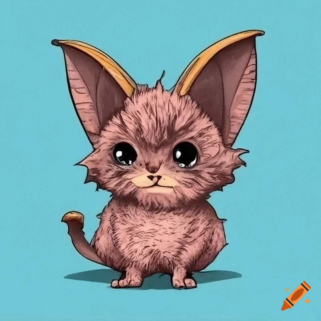 etching of a fluffy bat with a kitten face