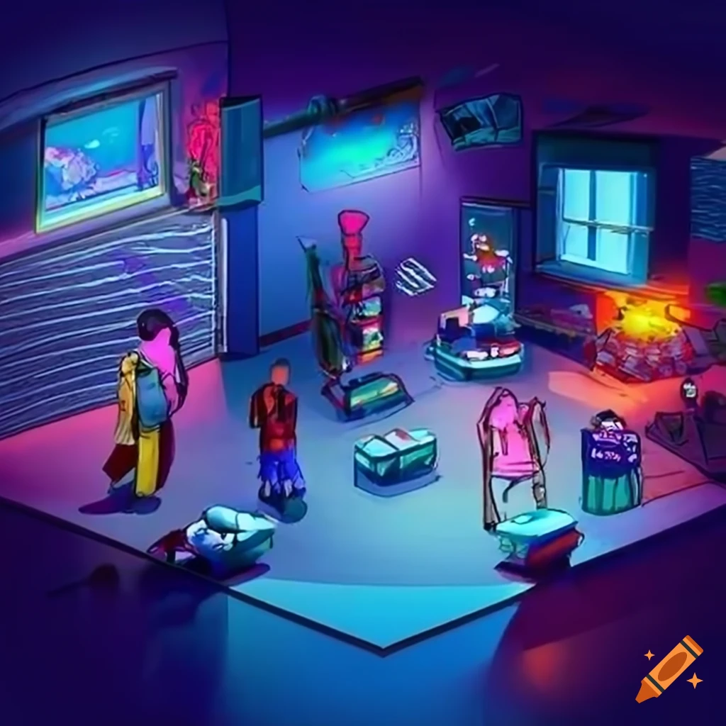 comic-style image of a futuristic IT department store in a shopping mall