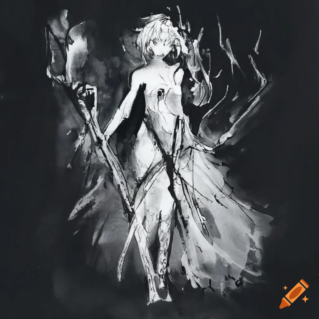 watercolor female character concept with staff and orbs
