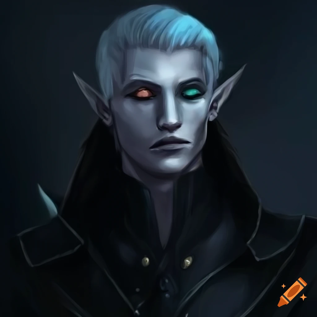 dark elf character with white-blond hair and turquoise eyes