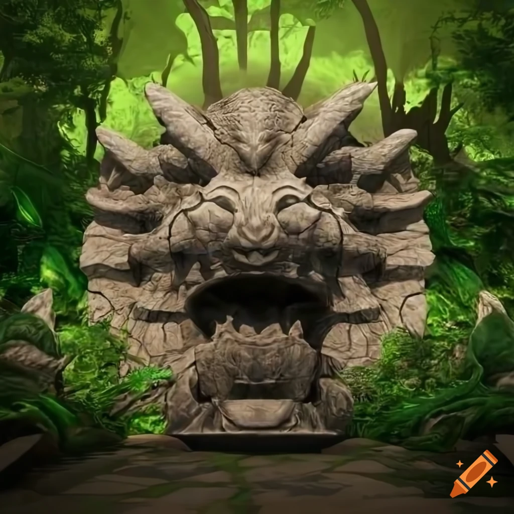 3D rendering of a stone dragon head in the sunny jungle