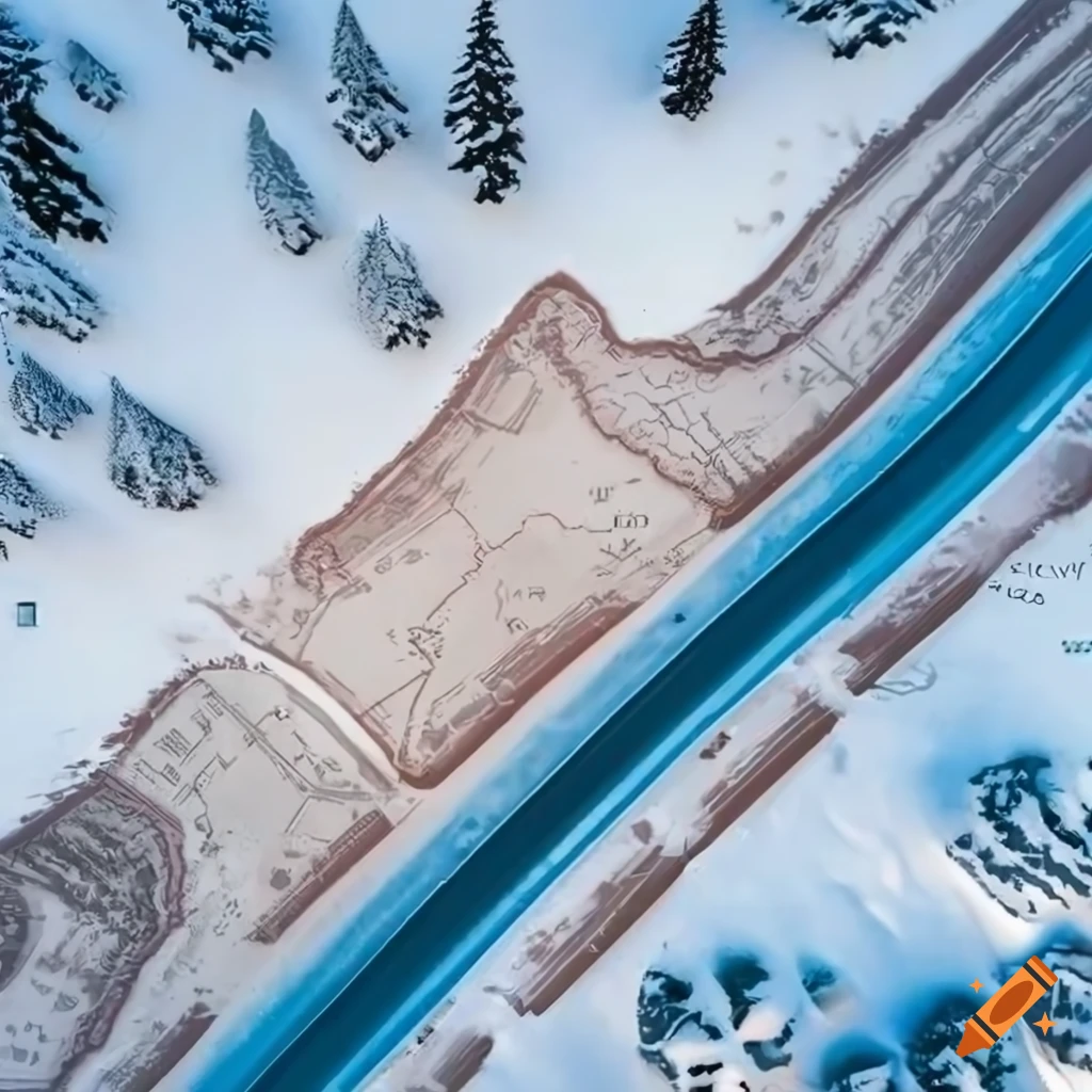winter roadblock on a highway top-down map