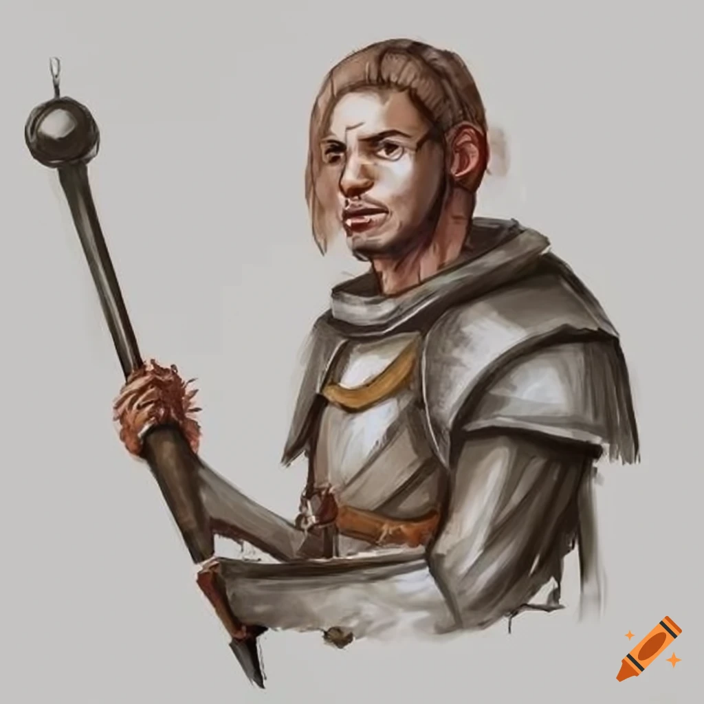 illustration of a tan-skinned male cleric with a mace and shield