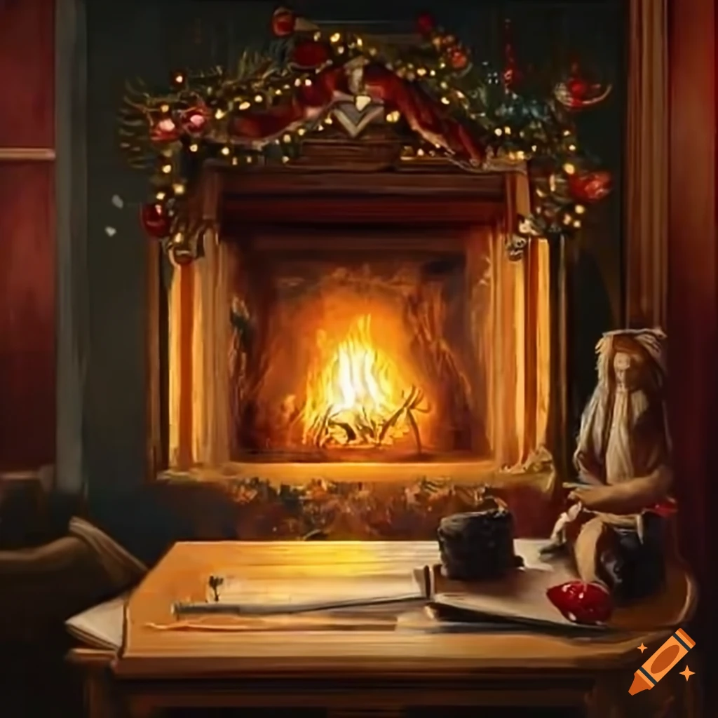 painting of a Victorian author writing at a desk by the fireplace during Christmas