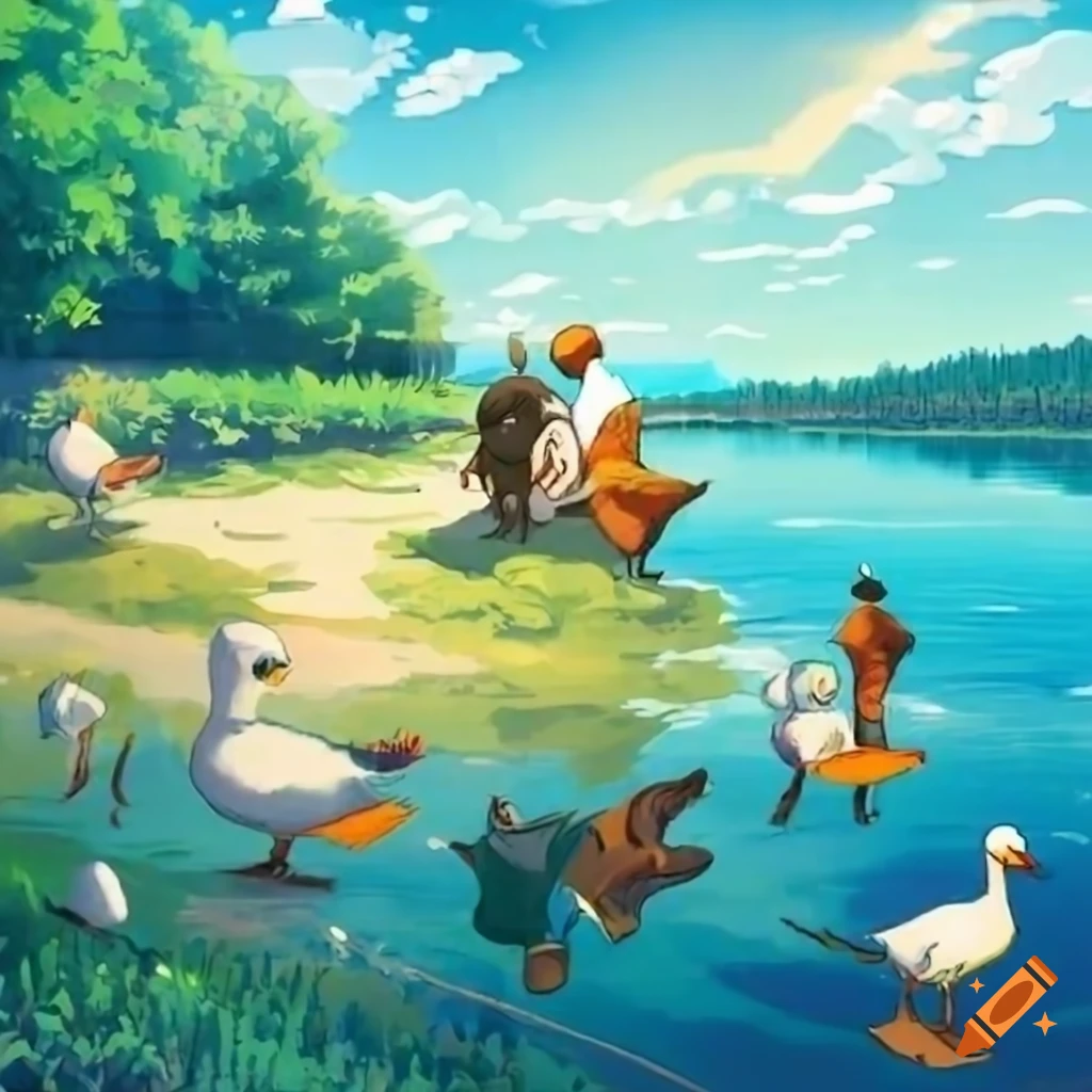 anime illustration of ducks and dog at a lake