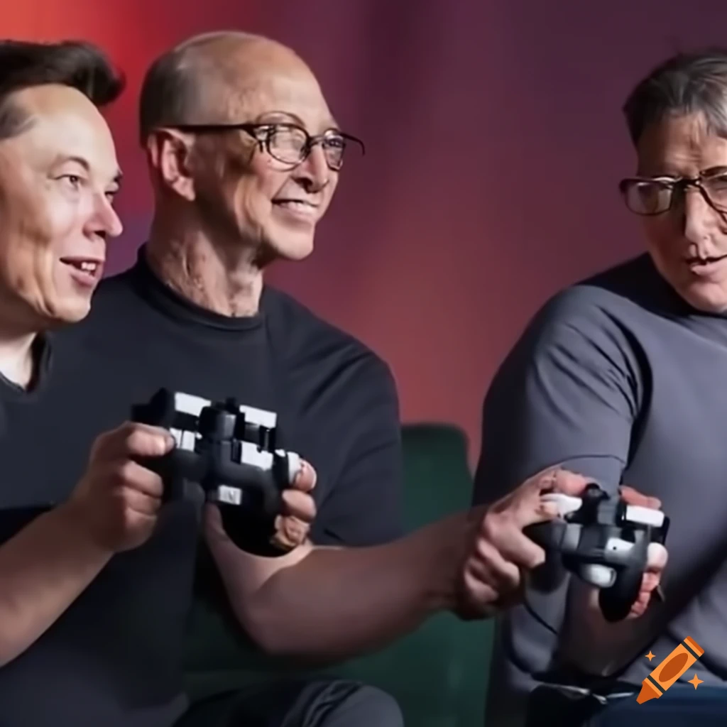 Elon Musk, Bill Gates and Jeff Bezos playing a video game on Craiyon