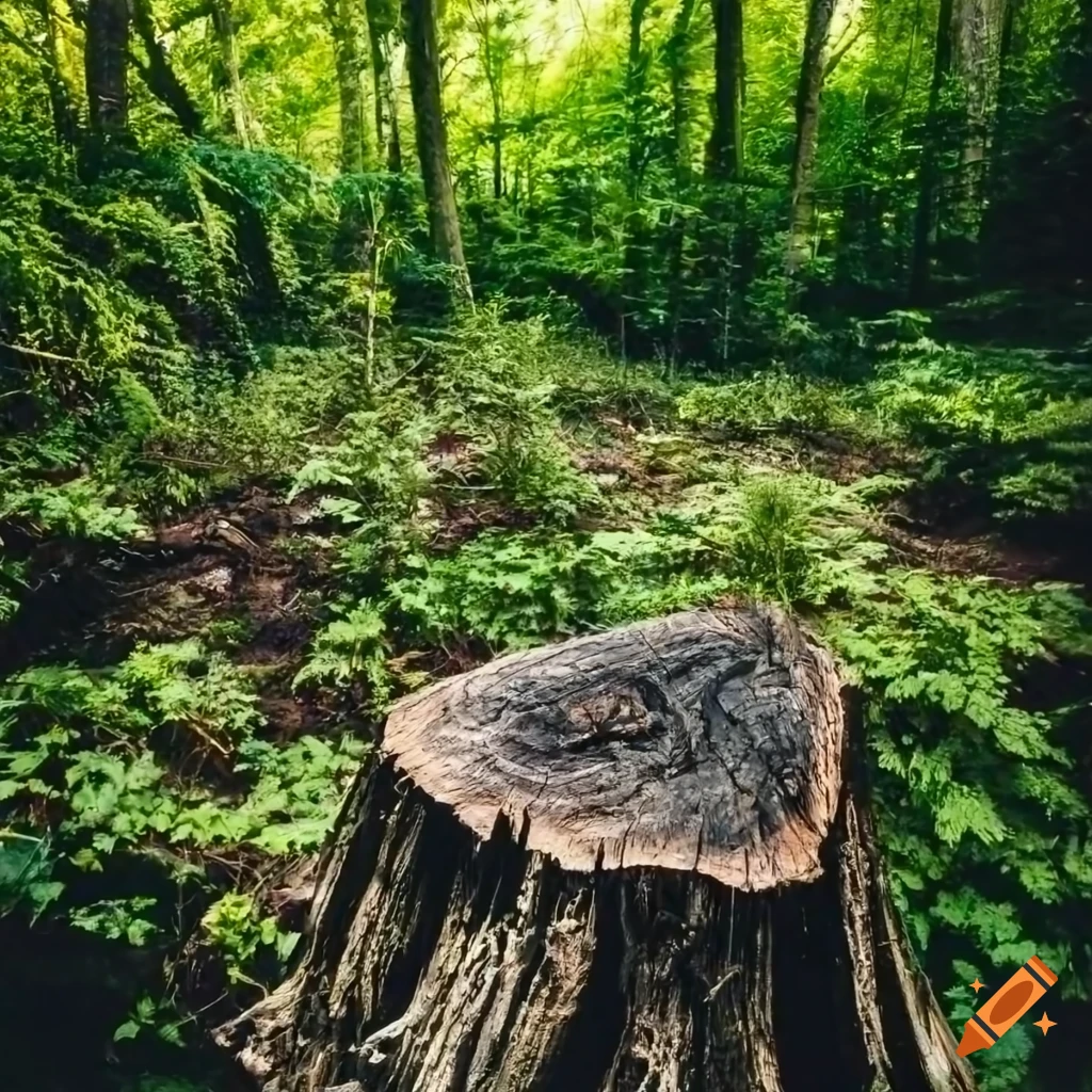 View of a weathered tree stump in a lush forest on Craiyon