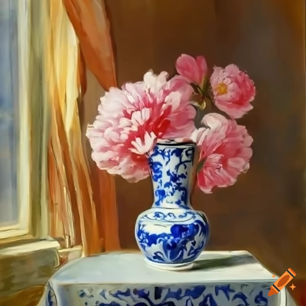 blue and white Chinese vase with butterfly design and pink peonies