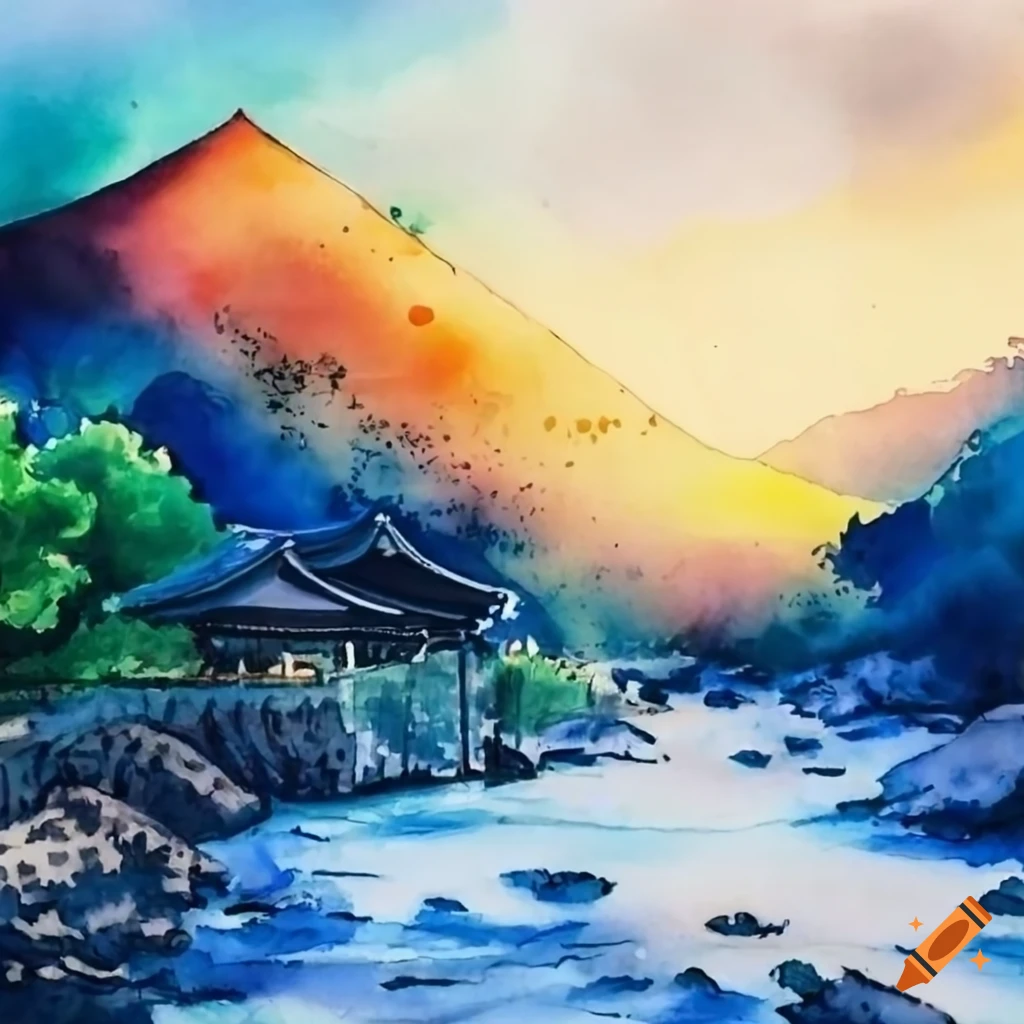vibrant watercolor painting of a scenic view in Japan