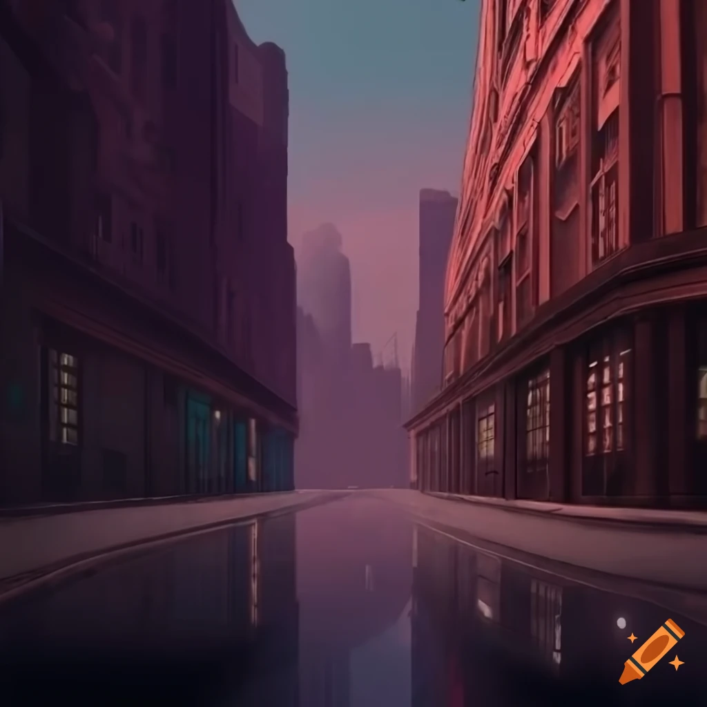 concept art of a 1920s city in ominous mood