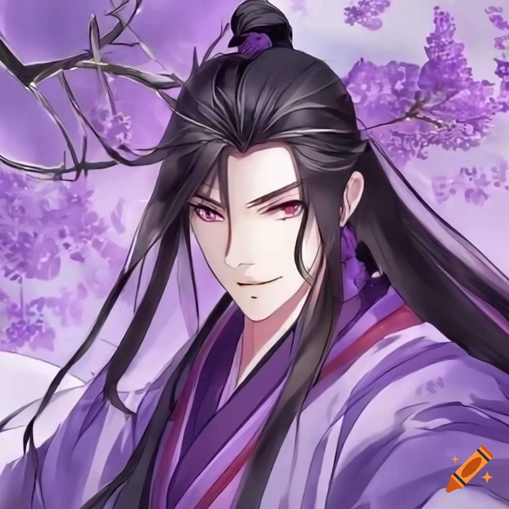 anime character with long black hair and purple eyes holding a sword