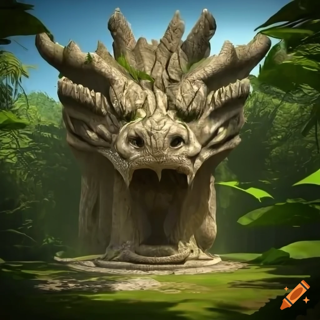 3D rendering of a stone dragon head in a jungle