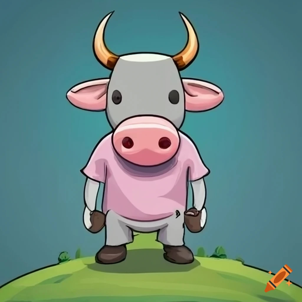 cartoon of a cow wearing a t-shirt in the mountains