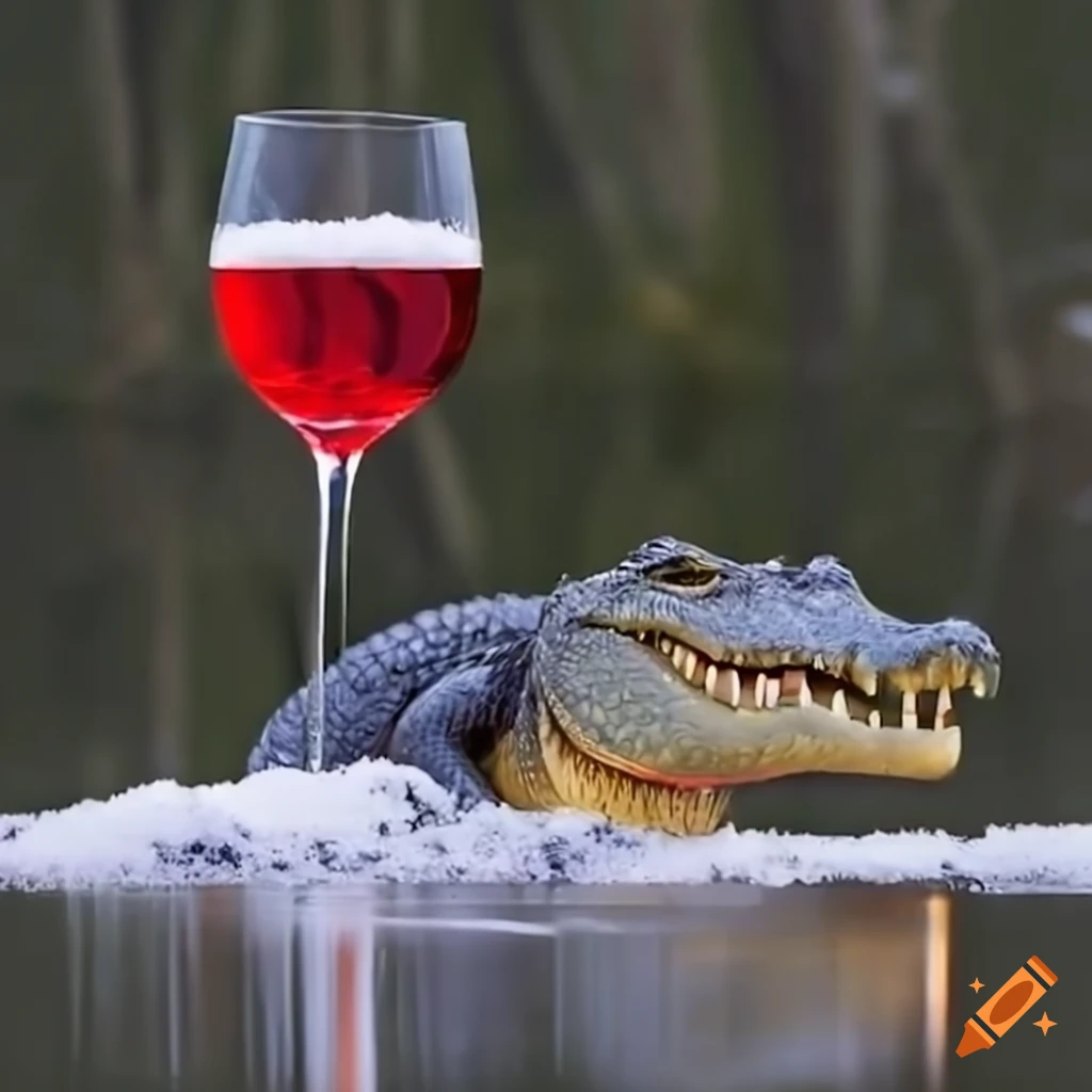 Alligator drinking wine in the snow on Craiyon