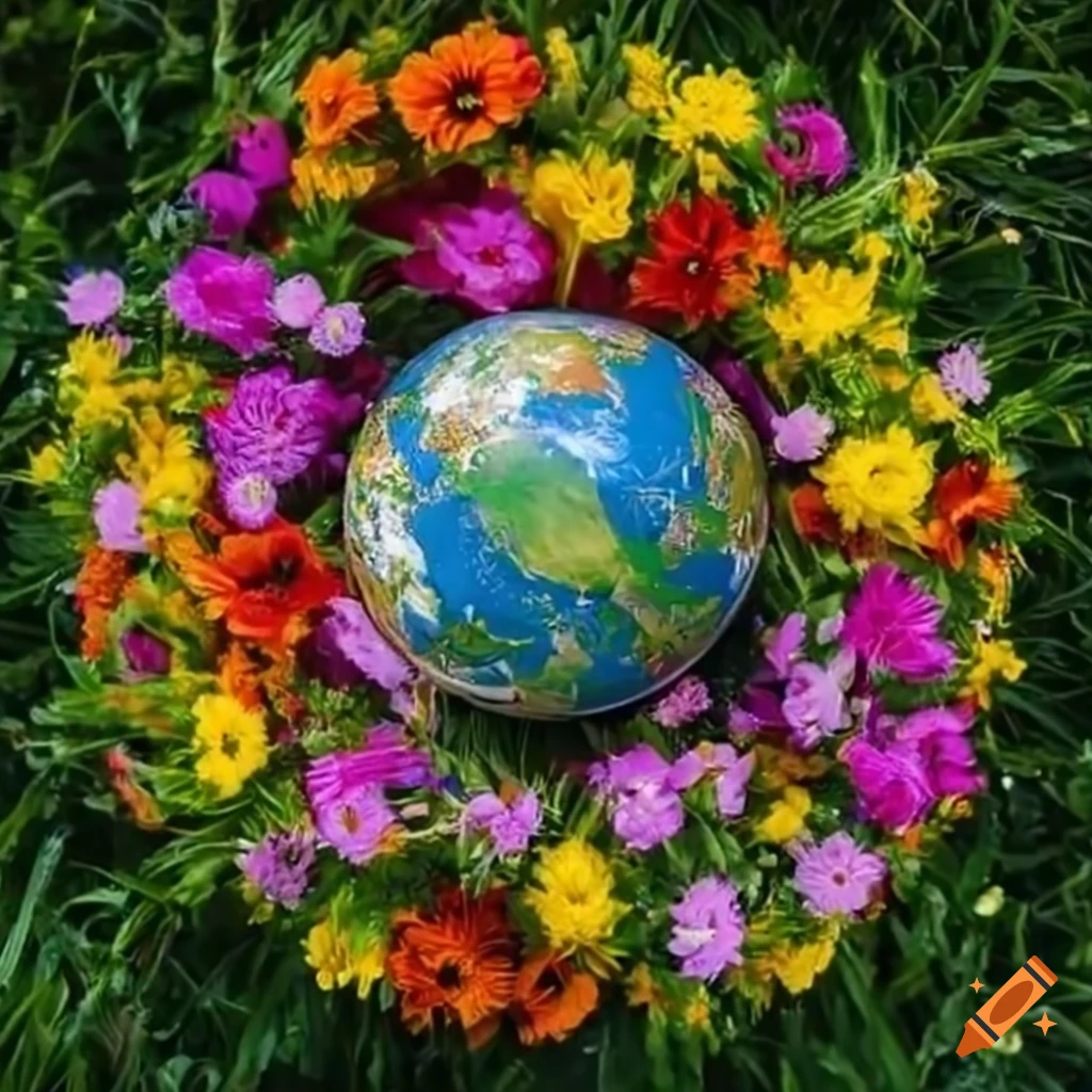 colorful flowers circling the earth globe