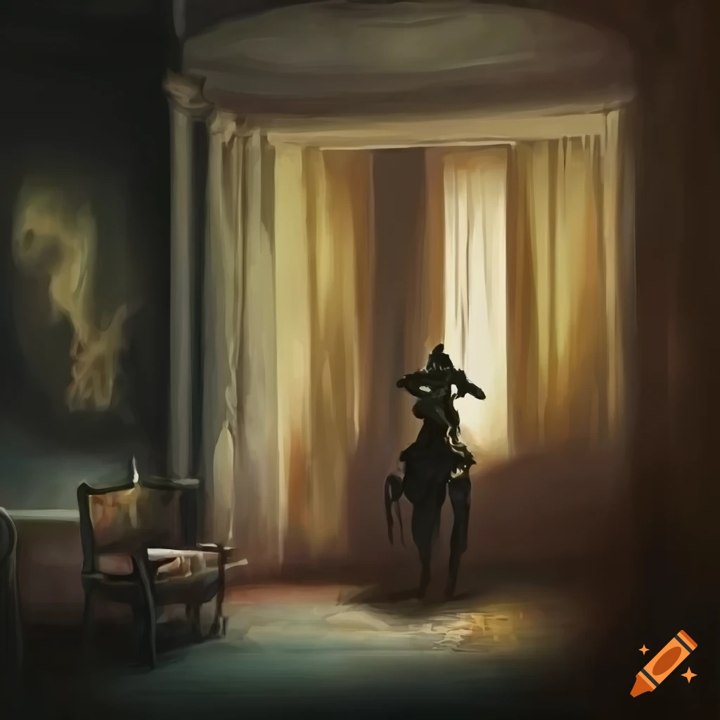 painting of a dark room with closed curtains and statues