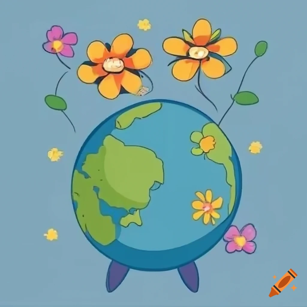 cartoon flowers dancing around a globe