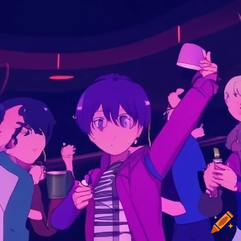 anime club scene with dancing people and cups