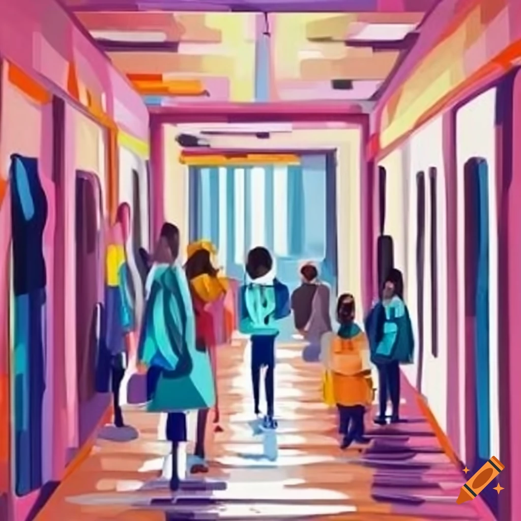 black and white corridor in a busy school