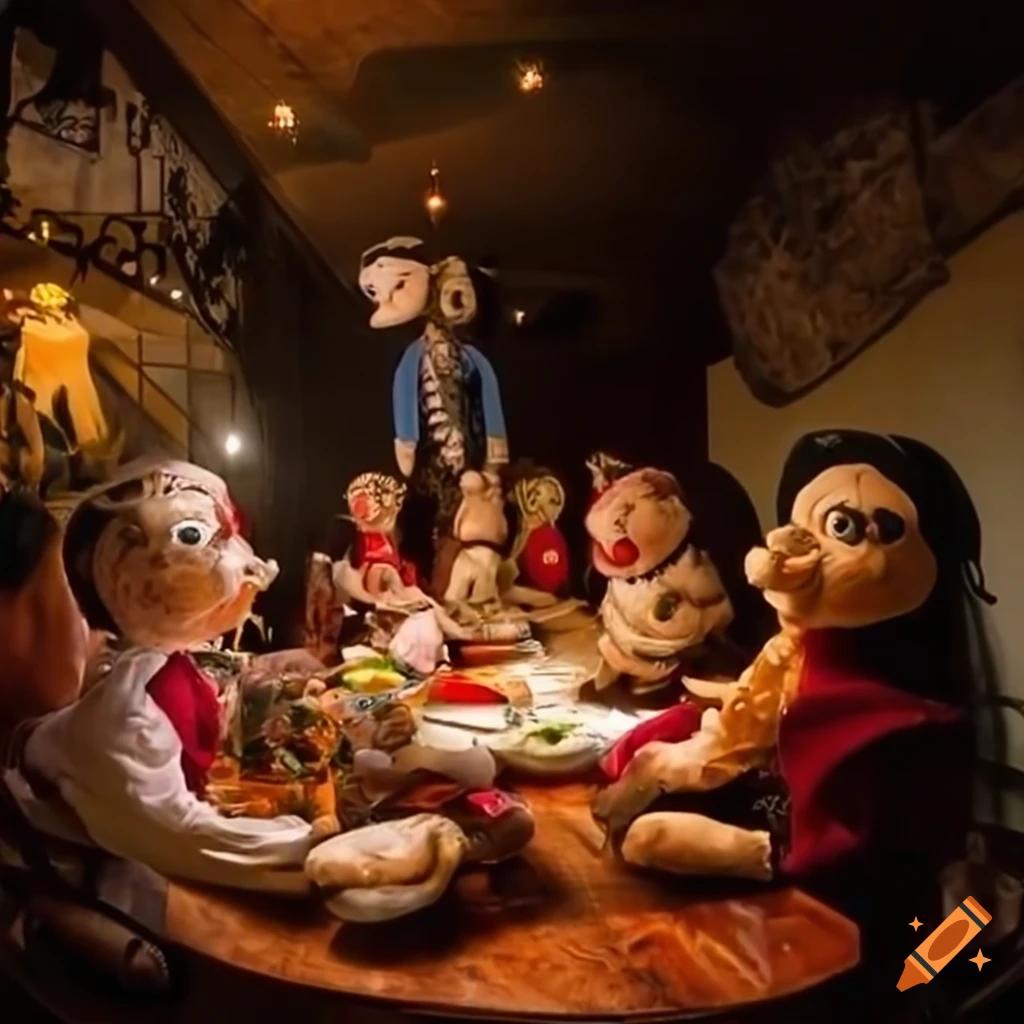 Artistic depiction of puppets dining in a restaurant on Craiyon