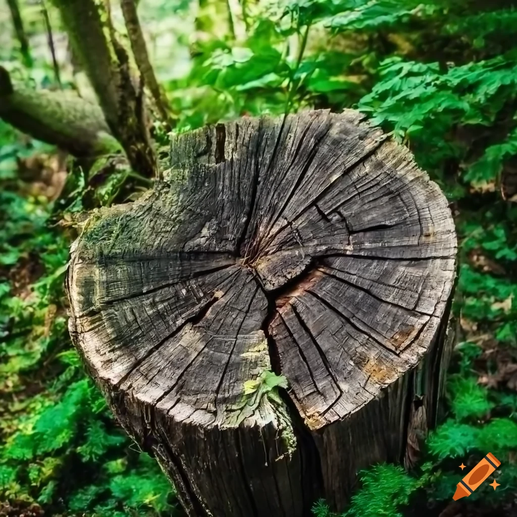 View of a weathered tree stump in a lush forest on Craiyon