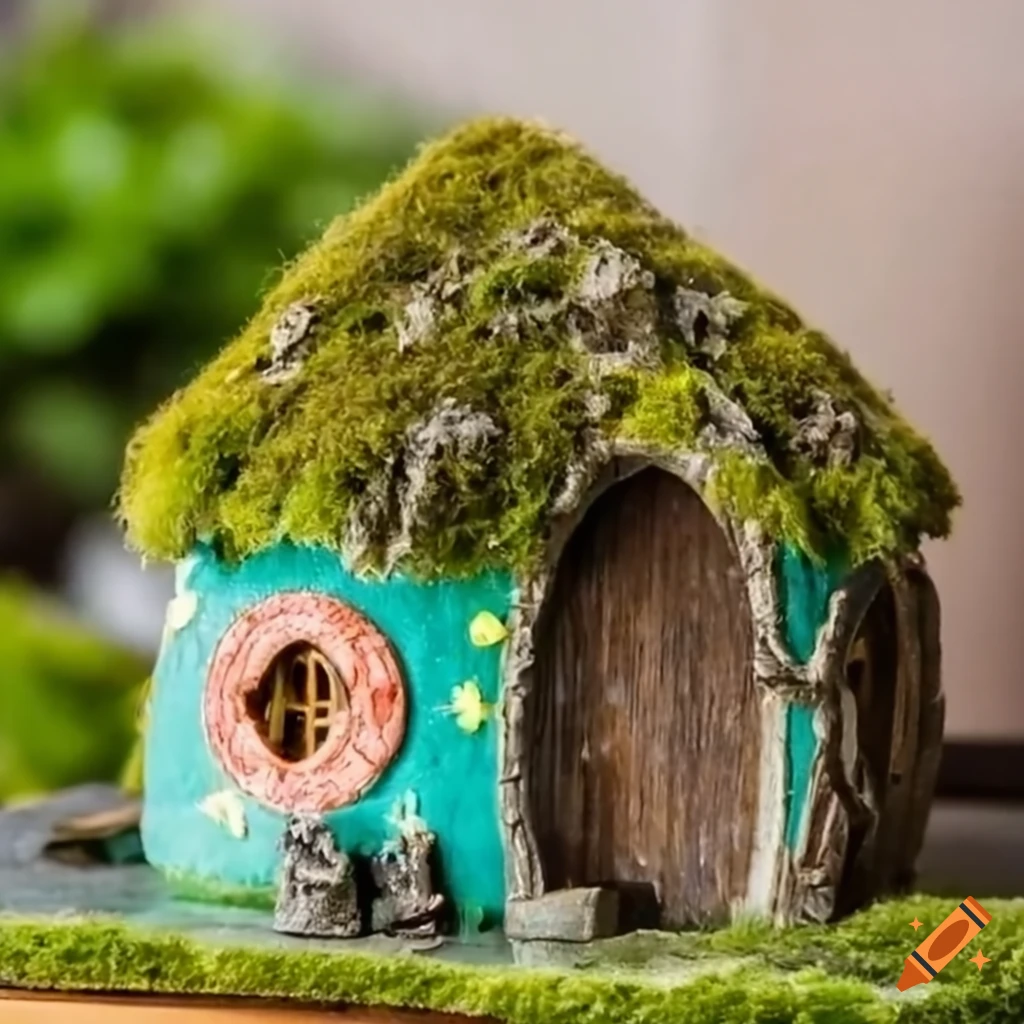 miniature mossy diorama fairy house on a desk