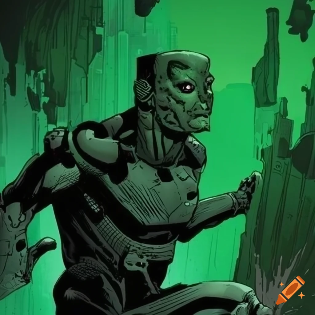 dark green sci-fi comic artwork