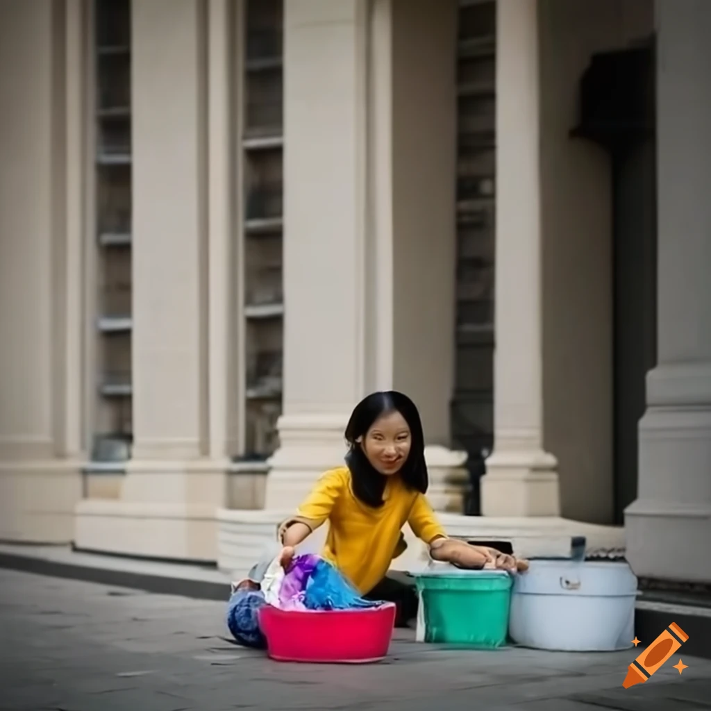Vietnamese woman washing clothes outside US embassy
