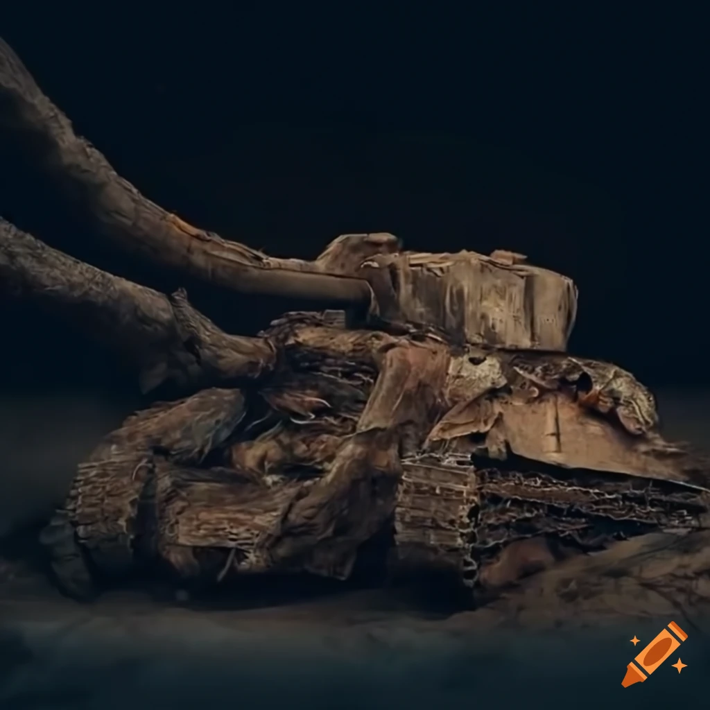 distorted tank caught in branches web in a dramatic landscape