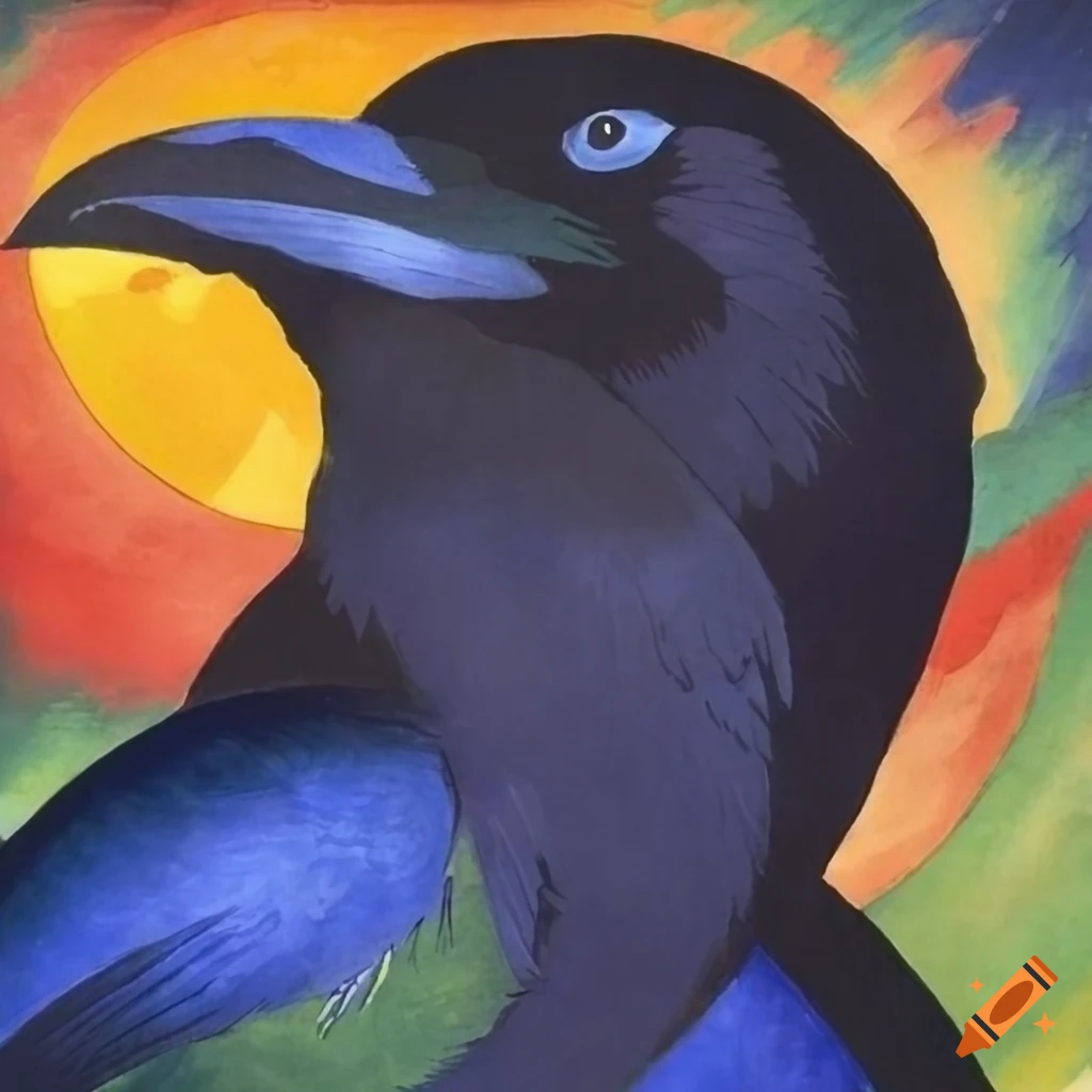a crow under the blue moon in the style of Franz Marc