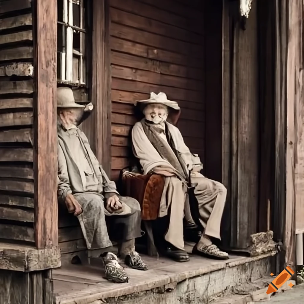 elderly men sitting on porch with rifle