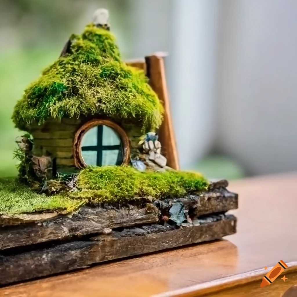 miniature mossy diorama fairy house on a desk