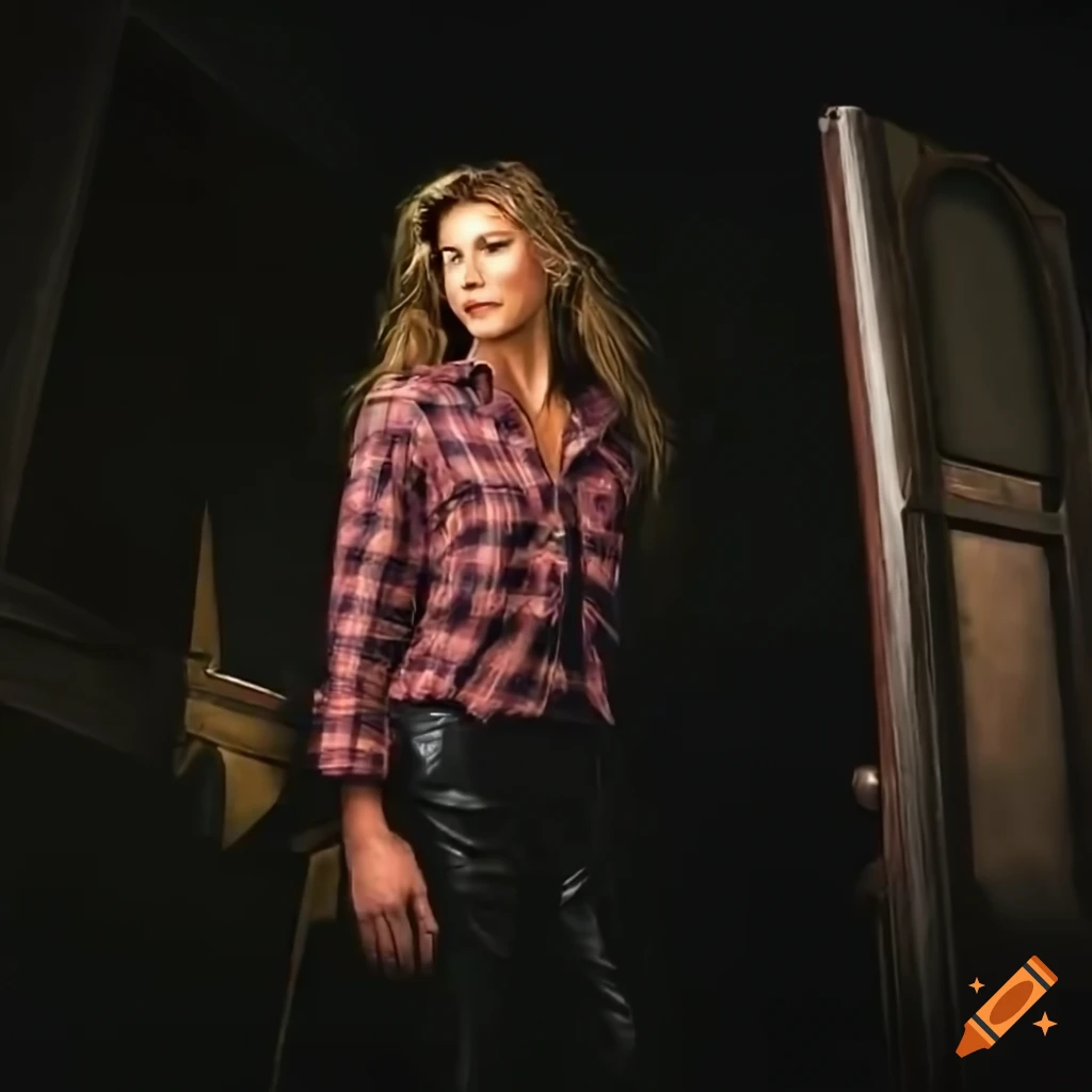 actress with messy hair and country plaid shirt standing in doorway