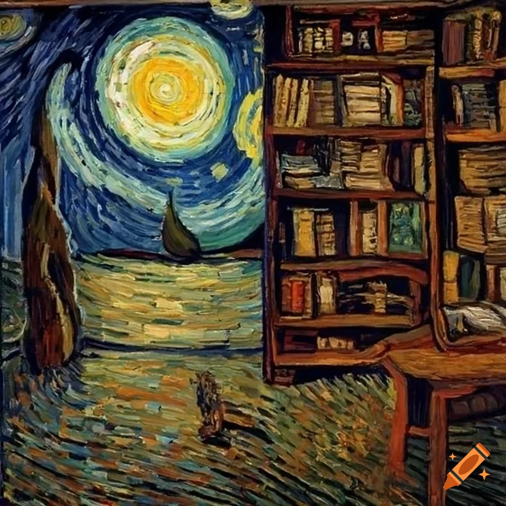 painting of a bookshelf decorated with Starry Night by Van Gogh