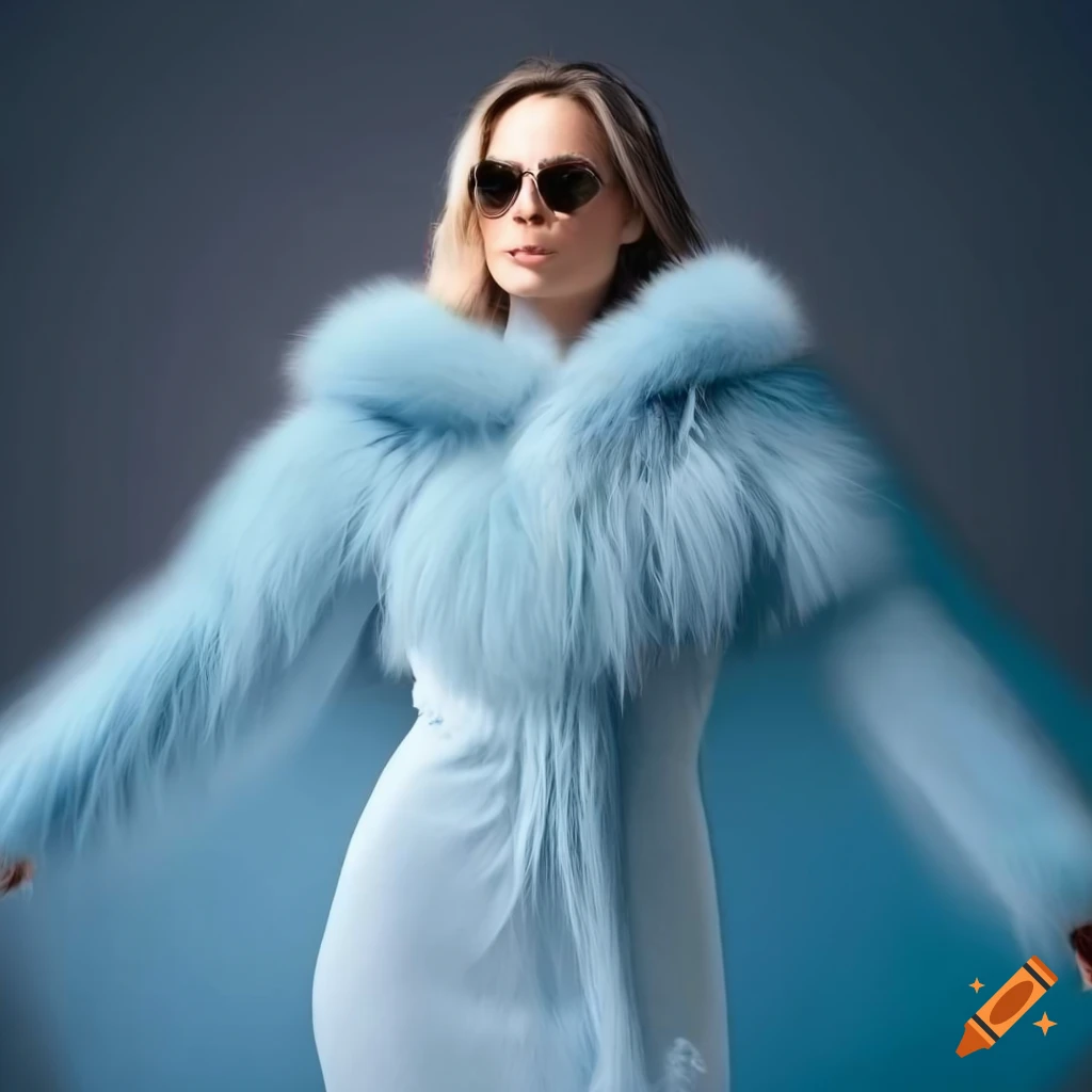 woman wearing a fluffy pale blue and white fur dress