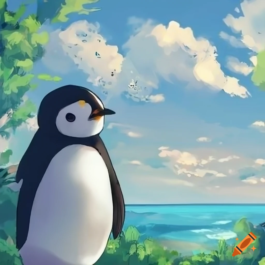 cute anime art of a penguin in nature