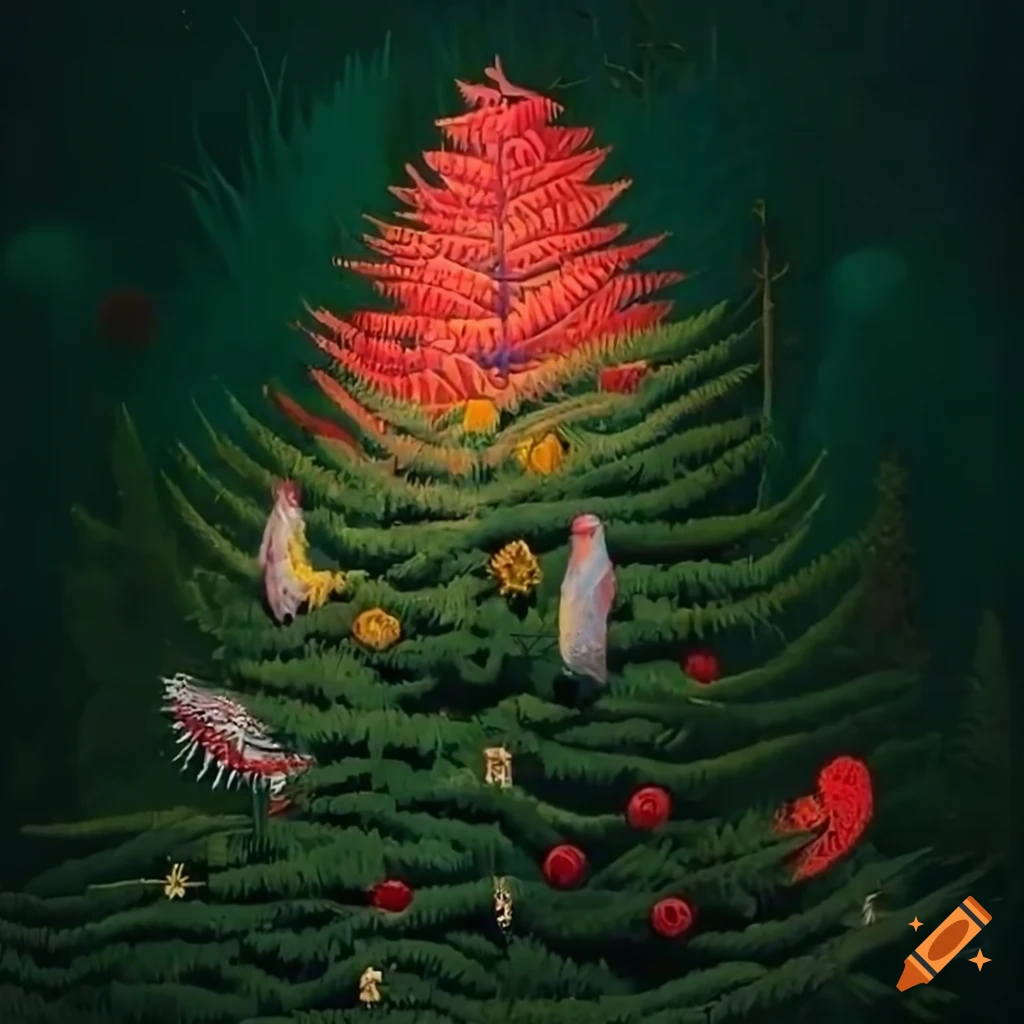 Intricate painting of a christmas tree made of feathers