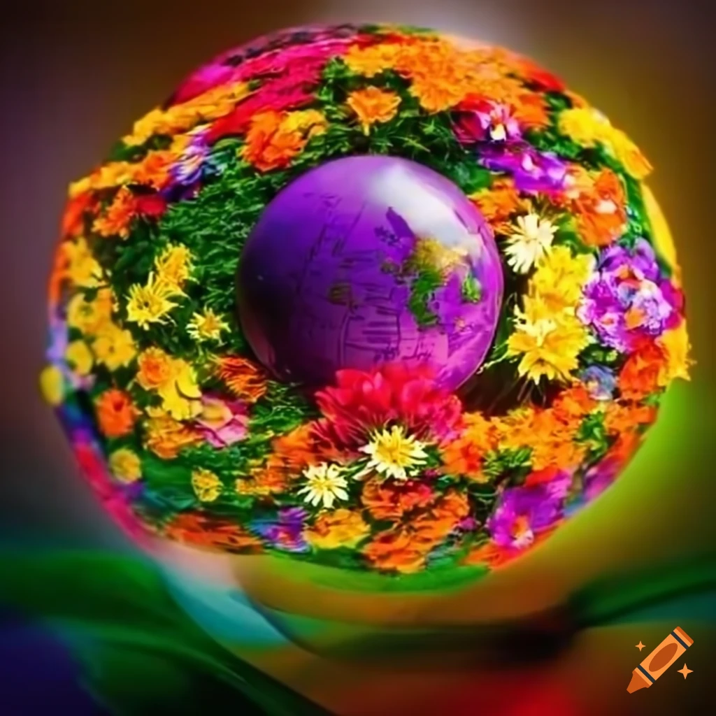 flowers dancing around a colorful globe