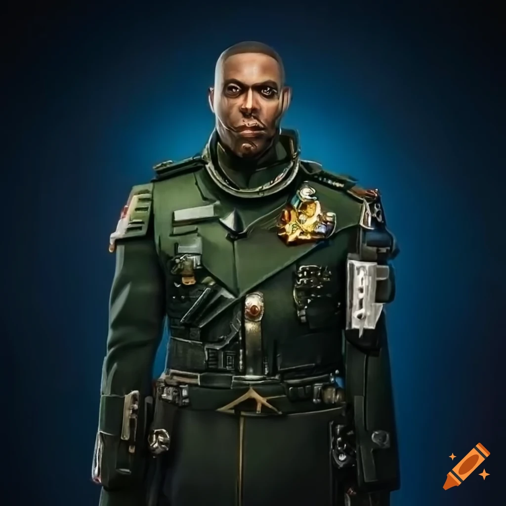 photograph of a Black male in Warhammer 40k costume