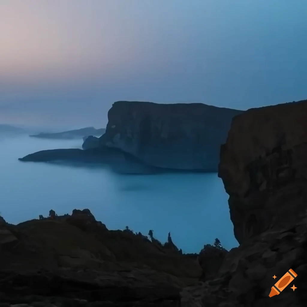 geological arch on a coastal cliff with mountains in the background