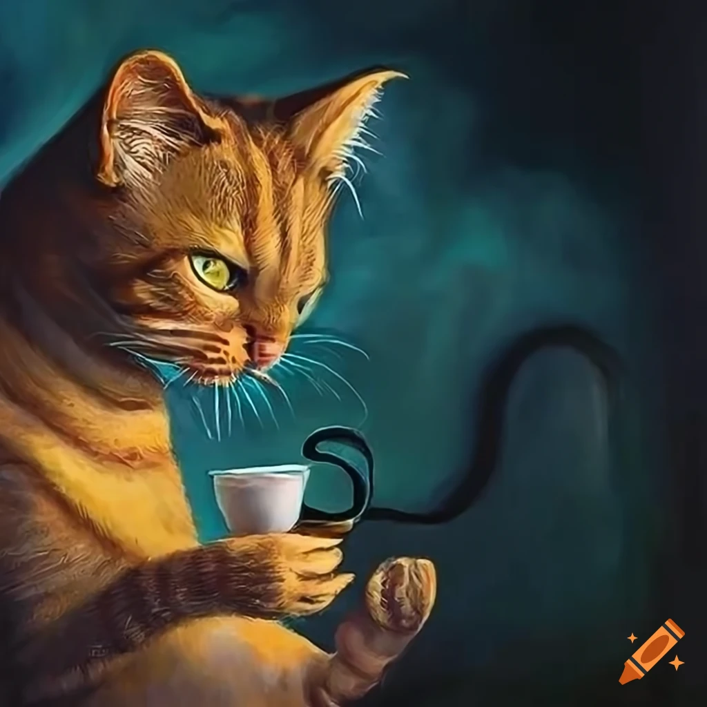 Surreal painting of a feral cat drinking tea