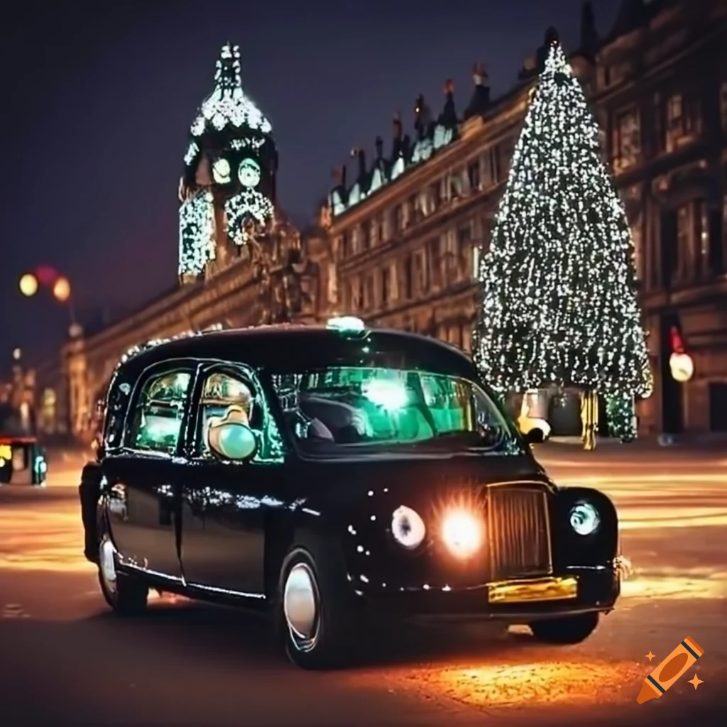 Festive london black taxi with christmas lights