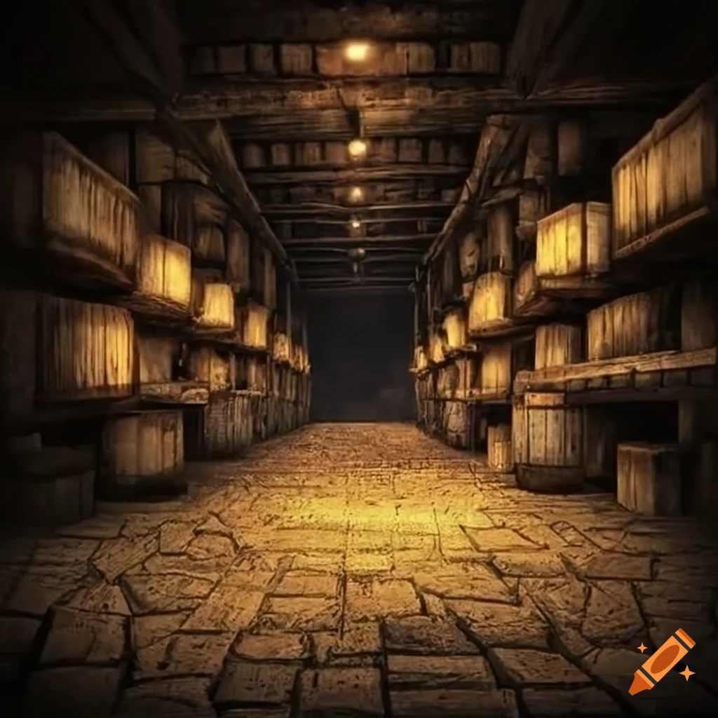 medieval underground warehouse with crates and dim lighting